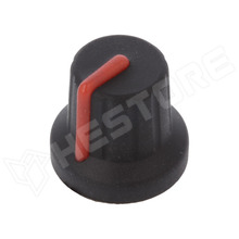 FC72602S / Potenciométer gomb, gumi, műanyag, Ø6mm fogazott tengelyre, Ø16x15.1mm, fekete, piros jelzéssel (FC72602S / CLIFF)