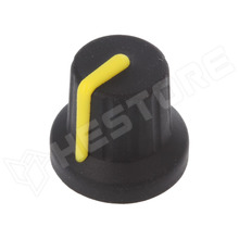 FC72605S / Potenciométer gomb, gumi, műanyag, Ø6mm fogazott tengelyre, Ø16x15.1mm, fekete, sárga jelzéssel (FC72605S / CLIFF)