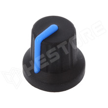 FC72603S / Potenciométer gomb, gumi, műanyag, Ø6mm fogazott tengelyre, Ø16x15.1mm, fekete, kék jelzéssel (FC72603S / CLIFF)
