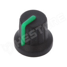 FC72604S / Potenciométer gomb, gumi, műanyag, Ø6mm fogazott tengelyre, Ø16x15.1mm, fekete, zöld jelzéssel (FC72604S / CLIFF)